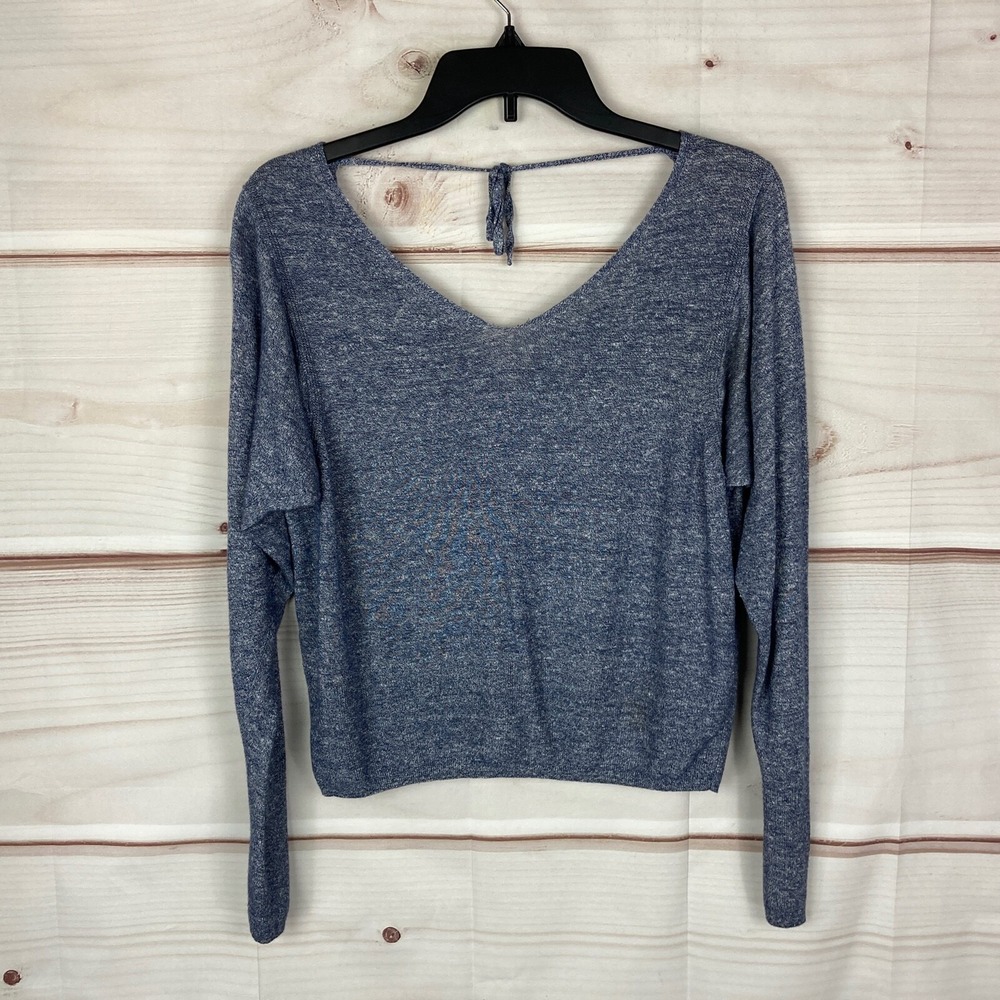 Gap Top Womens M Blue V-Neck Blouse Knit Tie V-Back Long Sleeve Relaxed Solid